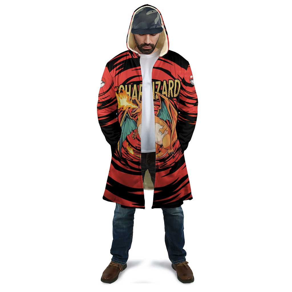 Charizard Pokémon Red and Black Swirl Design Cloak with Flames, Pokéball Accents, and Dynamic Fire-Breathing Pose - The Mazicc