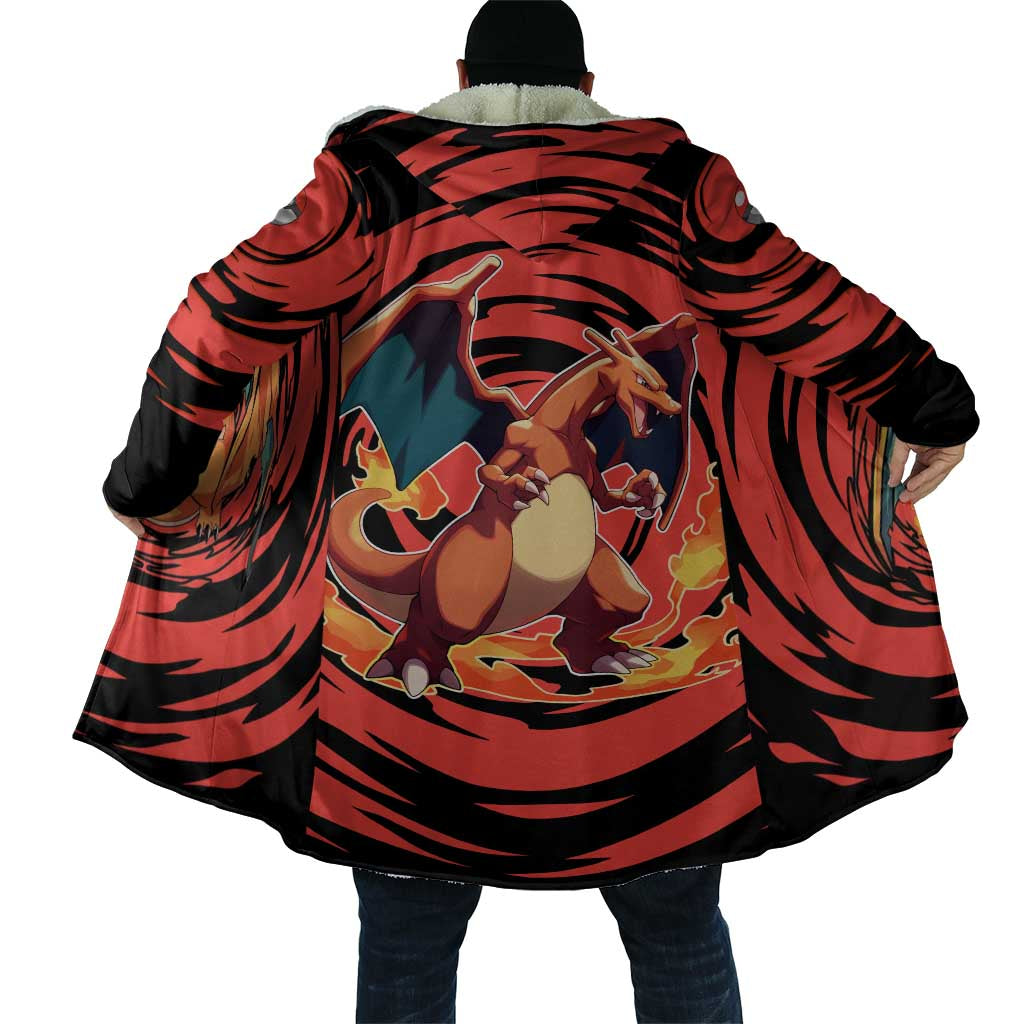 Charizard Pokémon Red and Black Swirl Design Cloak with Flames, Pokéball Accents, and Dynamic Fire-Breathing Pose - The Mazicc