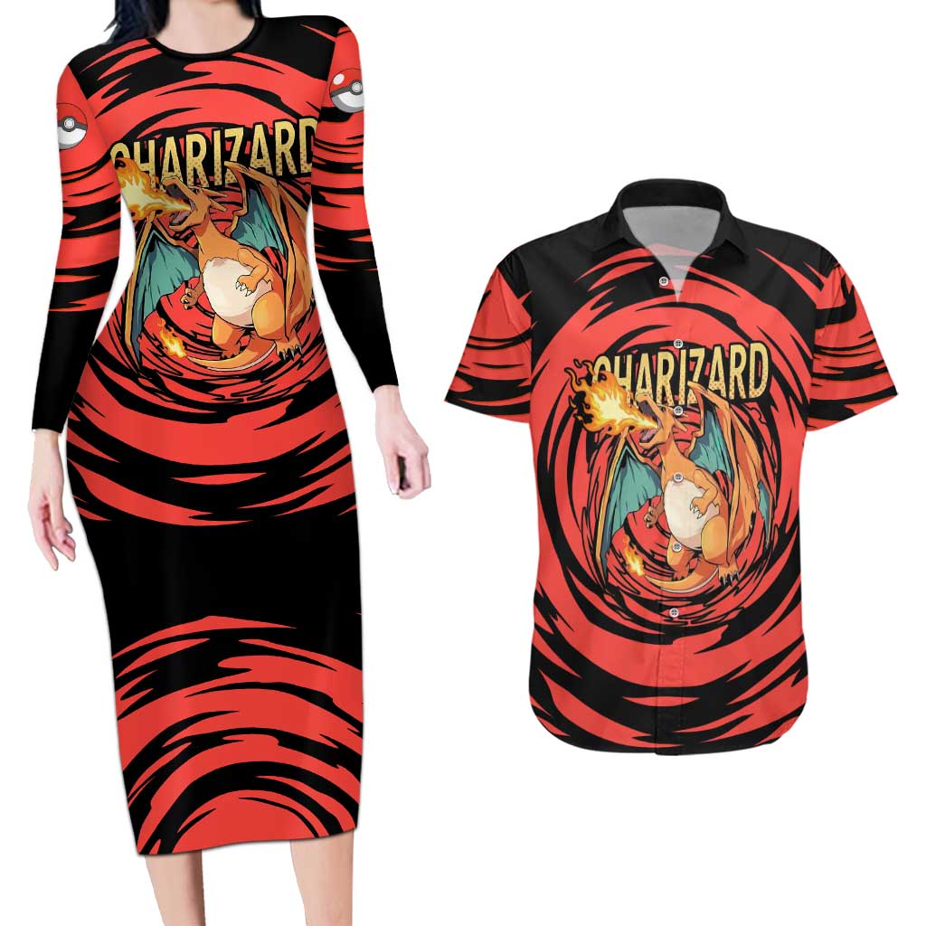 Charizard Pokémon Red and Black Swirl Design Couples Matching Long Sleeve Bodycon Dress and Hawaiian Shirt with Flames, Pokéball Accents, and Dynamic Fire-Breathing Pose - The Mazicc