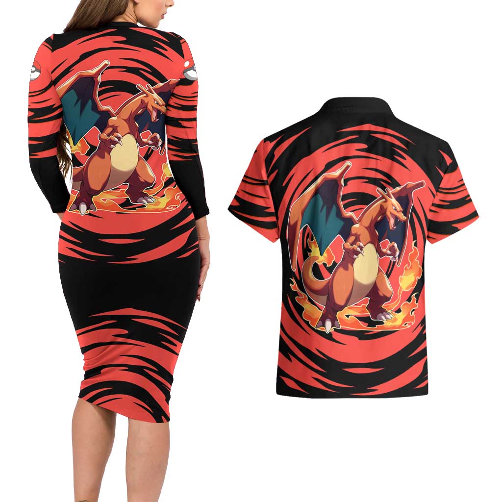 Charizard Pokémon Red and Black Swirl Design Couples Matching Long Sleeve Bodycon Dress and Hawaiian Shirt with Flames, Pokéball Accents, and Dynamic Fire-Breathing Pose - The Mazicc