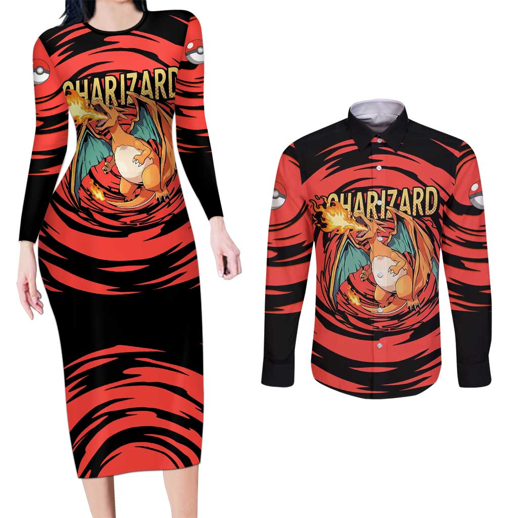 Charizard Pokémon Red and Black Swirl Design Couples Matching Long Sleeve Bodycon Dress and Long Sleeve Button Shirt with Flames, Pokéball Accents, and Dynamic Fire-Breathing Pose - The Mazicc
