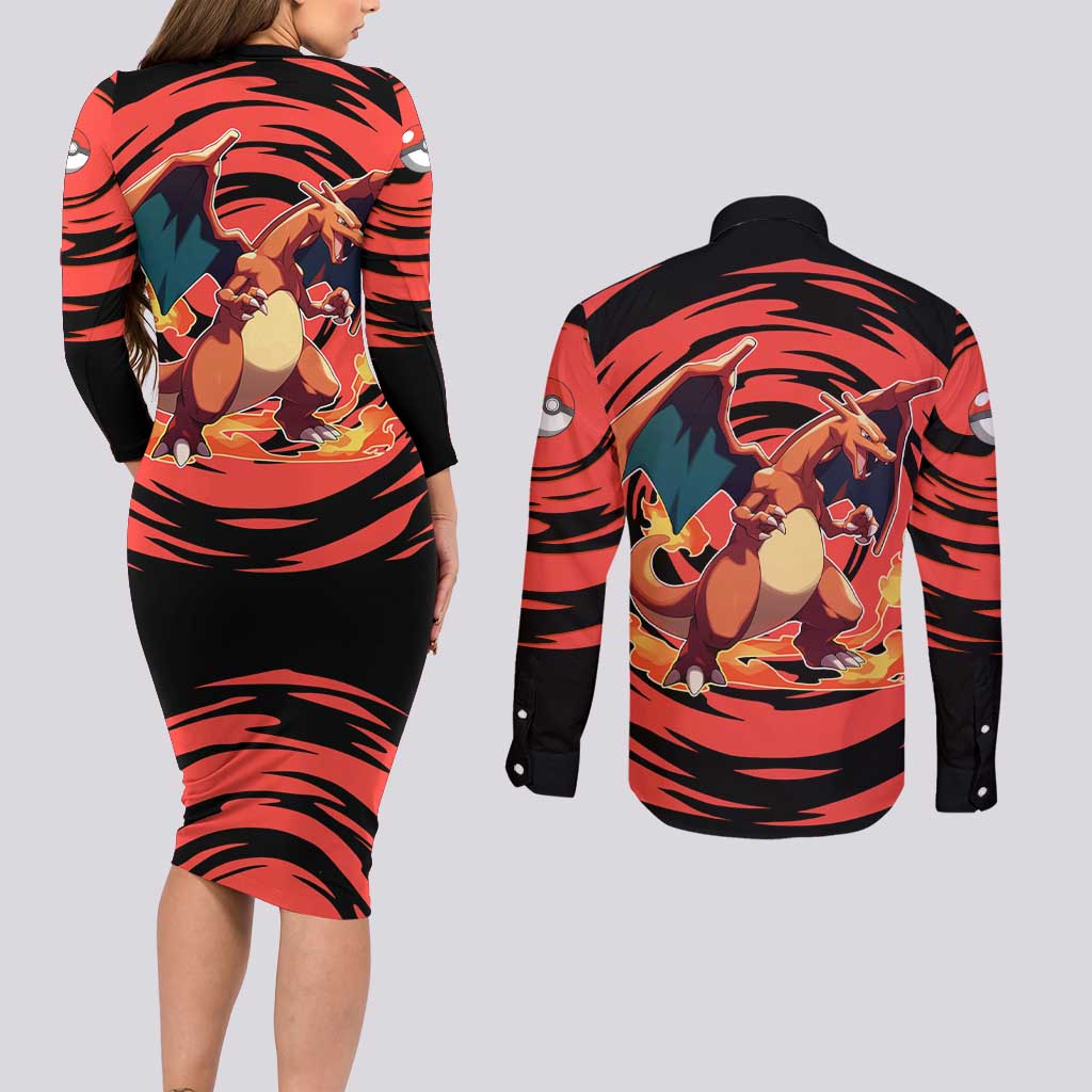 Charizard Pokémon Red and Black Swirl Design Couples Matching Long Sleeve Bodycon Dress and Long Sleeve Button Shirt with Flames, Pokéball Accents, and Dynamic Fire-Breathing Pose - The Mazicc