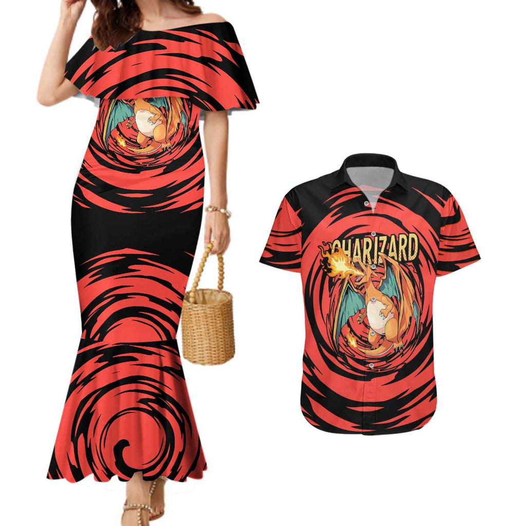 Charizard Pokémon Red and Black Swirl Design Couples Matching Mermaid Dress and Hawaiian Shirt with Flames, Pokéball Accents, and Dynamic Fire-Breathing Pose - The Mazicc