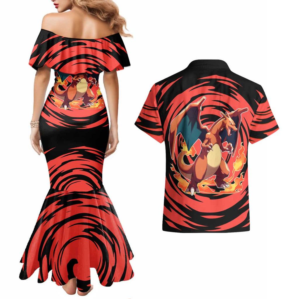 Charizard Pokémon Red and Black Swirl Design Couples Matching Mermaid Dress and Hawaiian Shirt with Flames, Pokéball Accents, and Dynamic Fire-Breathing Pose - The Mazicc