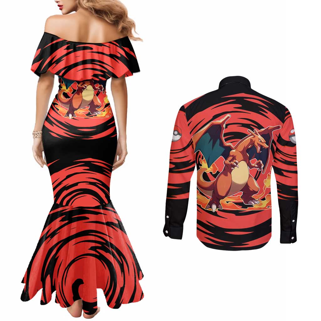 Charizard Pokémon Red and Black Swirl Design Couples Matching Mermaid Dress and Long Sleeve Button Shirt with Flames, Pokéball Accents, and Dynamic Fire-Breathing Pose - The Mazicc