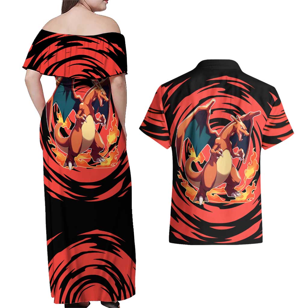 Charizard Pokémon Red and Black Swirl Design Couples Matching Off Shoulder Maxi Dress and Hawaiian Shirt with Flames, Pokéball Accents, and Dynamic Fire-Breathing Pose - The Mazicc