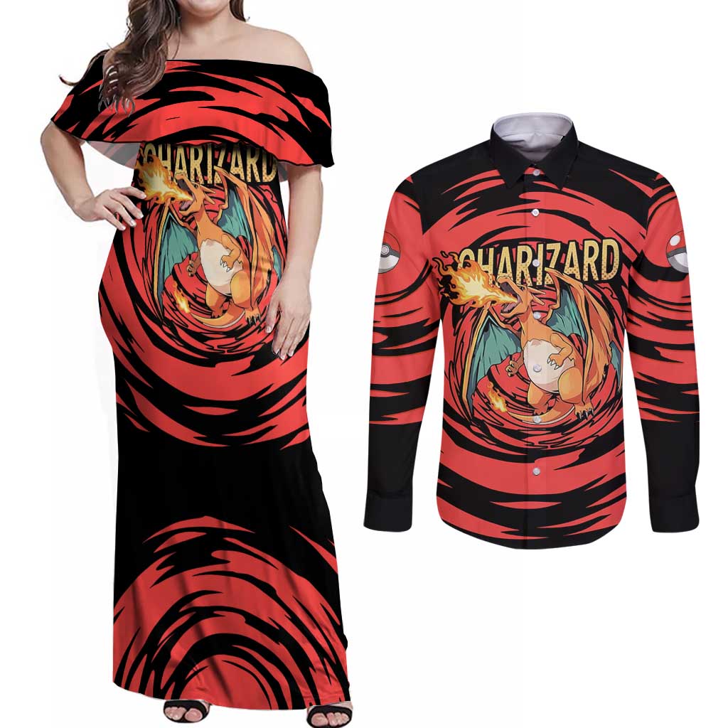Charizard Pokémon Red and Black Swirl Design Couples Matching Off Shoulder Maxi Dress and Long Sleeve Button Shirt with Flames, Pokéball Accents, and Dynamic Fire-Breathing Pose - The Mazicc