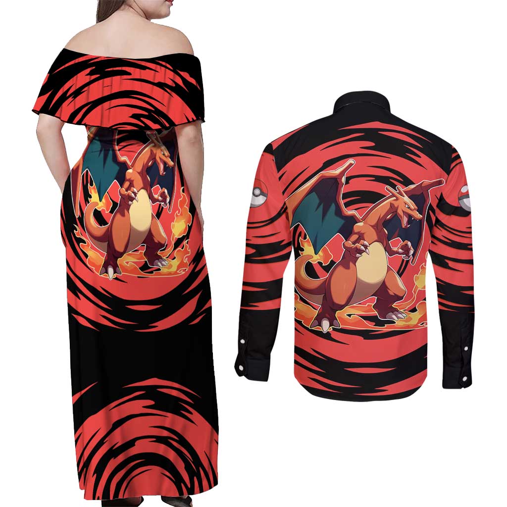 Charizard Pokémon Red and Black Swirl Design Couples Matching Off Shoulder Maxi Dress and Long Sleeve Button Shirt with Flames, Pokéball Accents, and Dynamic Fire-Breathing Pose - The Mazicc