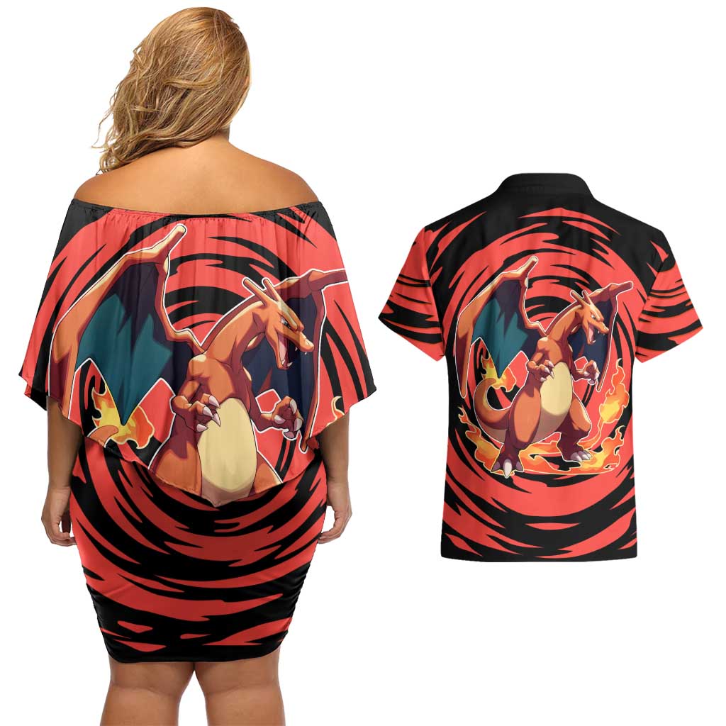 Charizard Pokémon Red and Black Swirl Design Couples Matching Off Shoulder Short Dress and Hawaiian Shirt with Flames, Pokéball Accents, and Dynamic Fire-Breathing Pose - The Mazicc