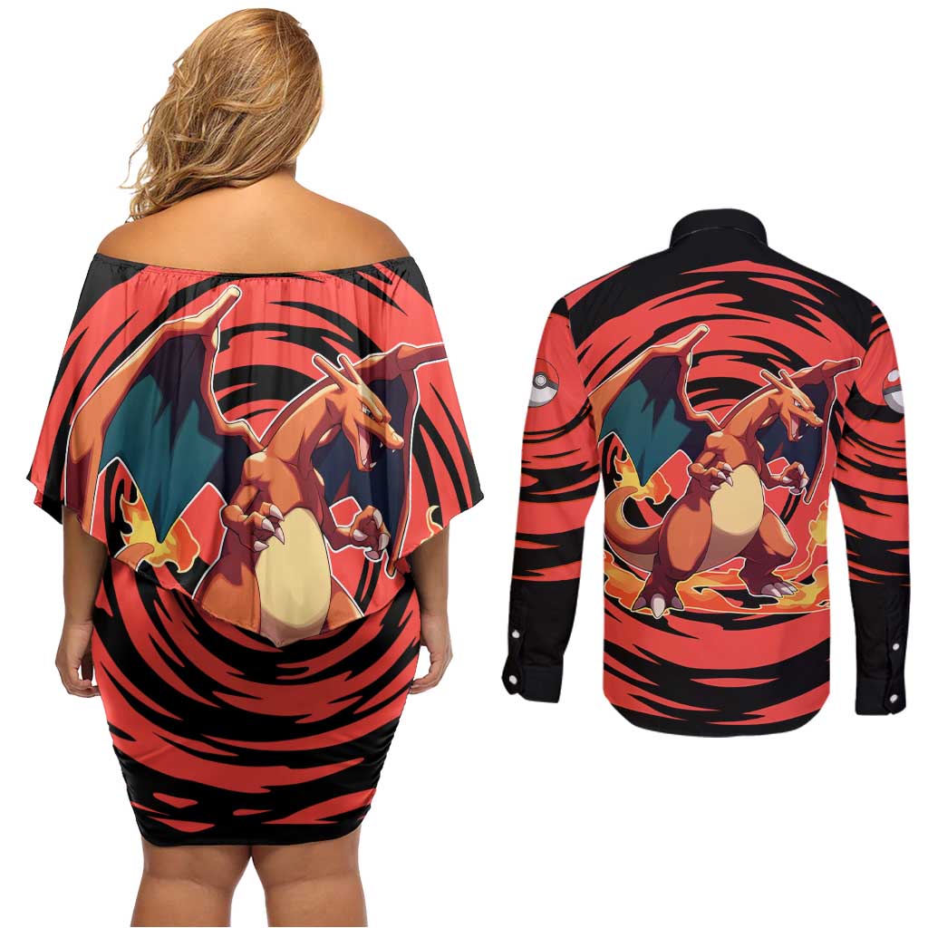 Charizard Pokémon Red and Black Swirl Design Couples Matching Off Shoulder Short Dress and Long Sleeve Button Shirt with Flames, Pokéball Accents, and Dynamic Fire-Breathing Pose - The Mazicc