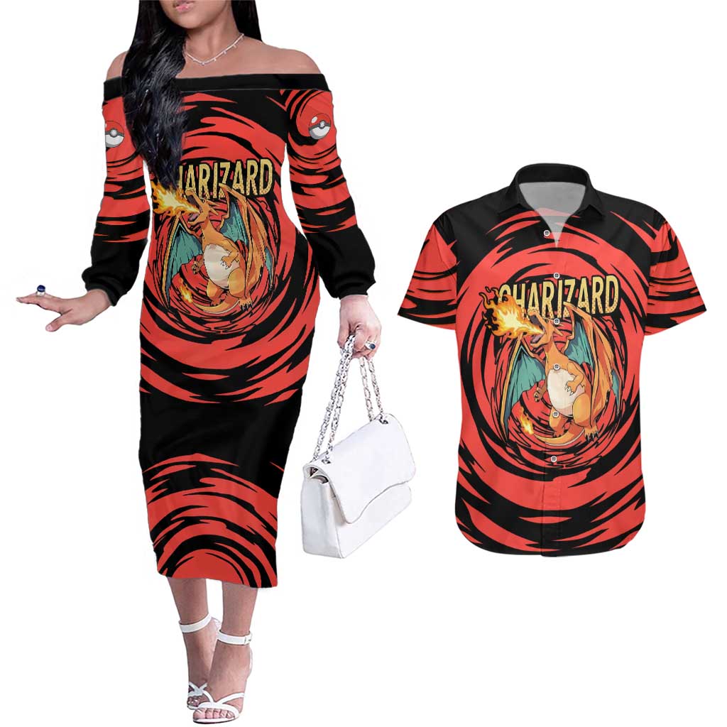 Charizard Pokémon Red and Black Swirl Design Couples Matching Off The Shoulder Long Sleeve Dress and Hawaiian Shirt with Flames, Pokéball Accents, and Dynamic Fire-Breathing Pose - The Mazicc
