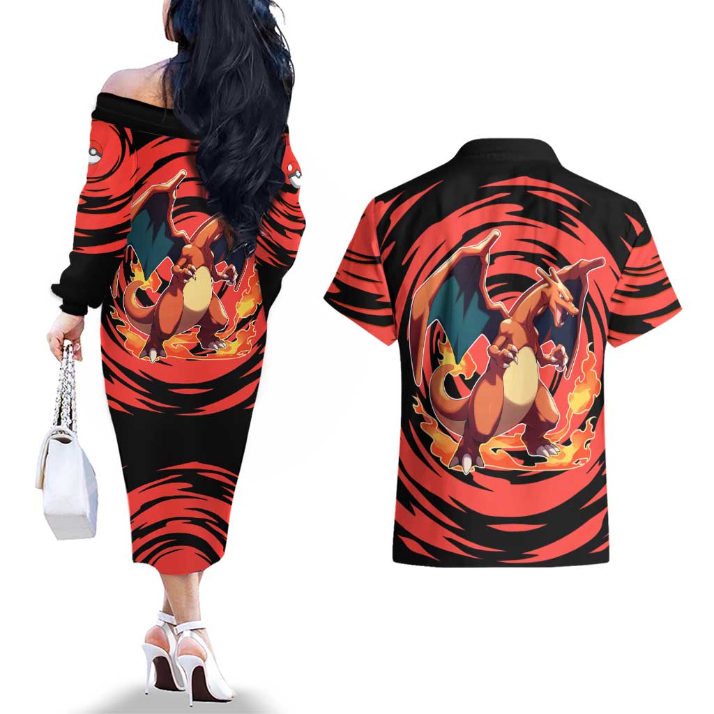 Charizard Pokémon Red and Black Swirl Design Couples Matching Off The Shoulder Long Sleeve Dress and Hawaiian Shirt with Flames, Pokéball Accents, and Dynamic Fire-Breathing Pose - The Mazicc