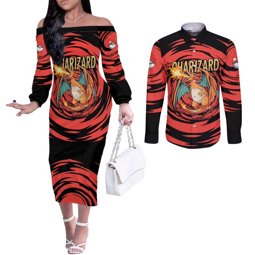 Charizard Pokémon Red and Black Swirl Design Couples Matching Off The Shoulder Long Sleeve Dress and Long Sleeve Button Shirt with Flames, Pokéball Accents, and Dynamic Fire-Breathing Pose - The Mazicc