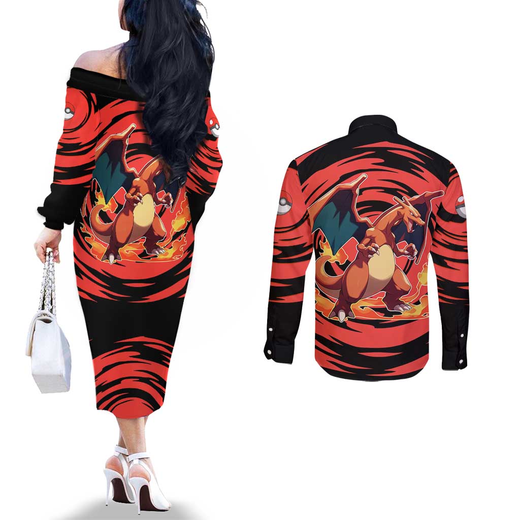 Charizard Pokémon Red and Black Swirl Design Couples Matching Off The Shoulder Long Sleeve Dress and Long Sleeve Button Shirt with Flames, Pokéball Accents, and Dynamic Fire-Breathing Pose - The Mazicc