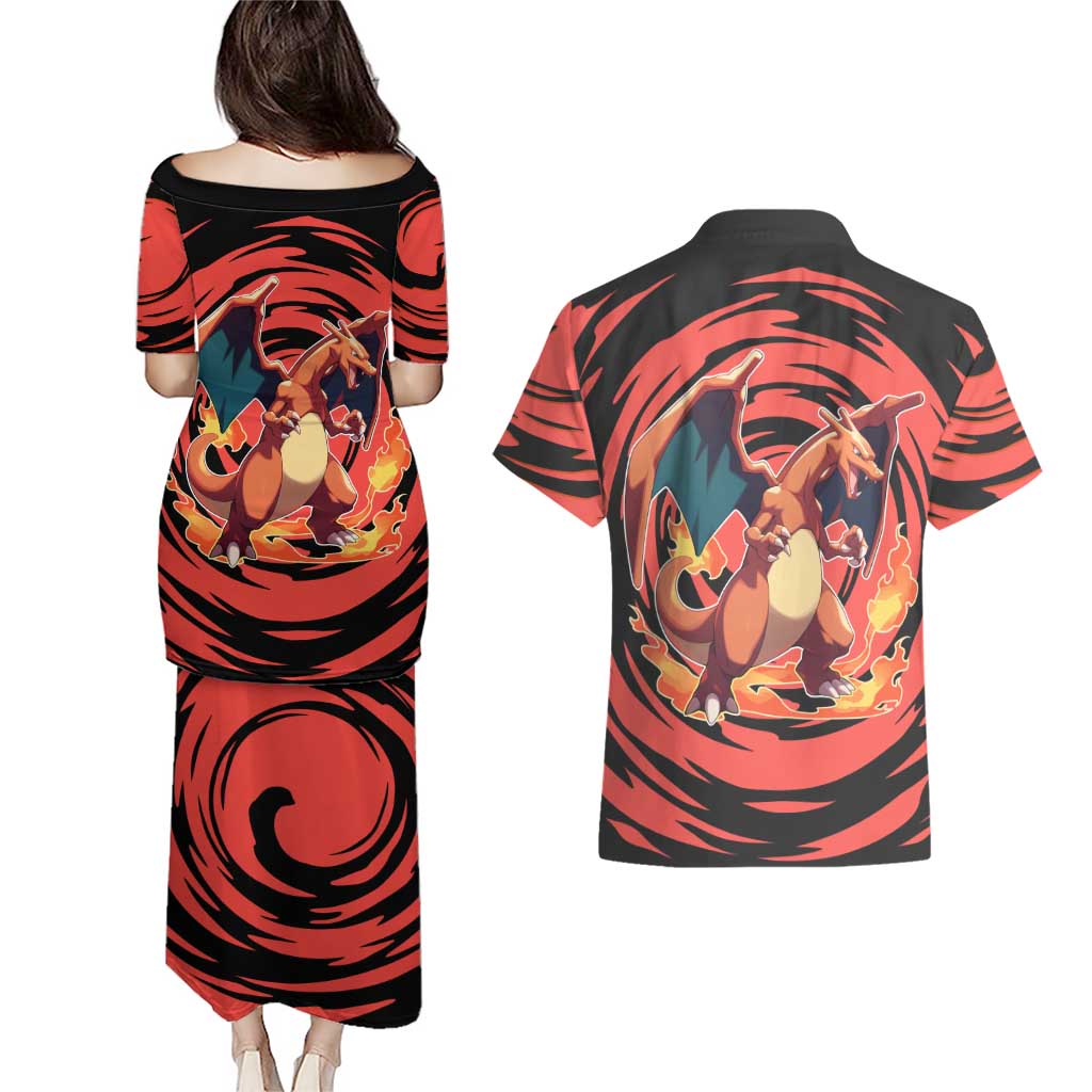 Charizard Pokémon Red and Black Swirl Design Couples Matching Puletasi and Hawaiian Shirt with Flames, Pokéball Accents, and Dynamic Fire-Breathing Pose - The Mazicc