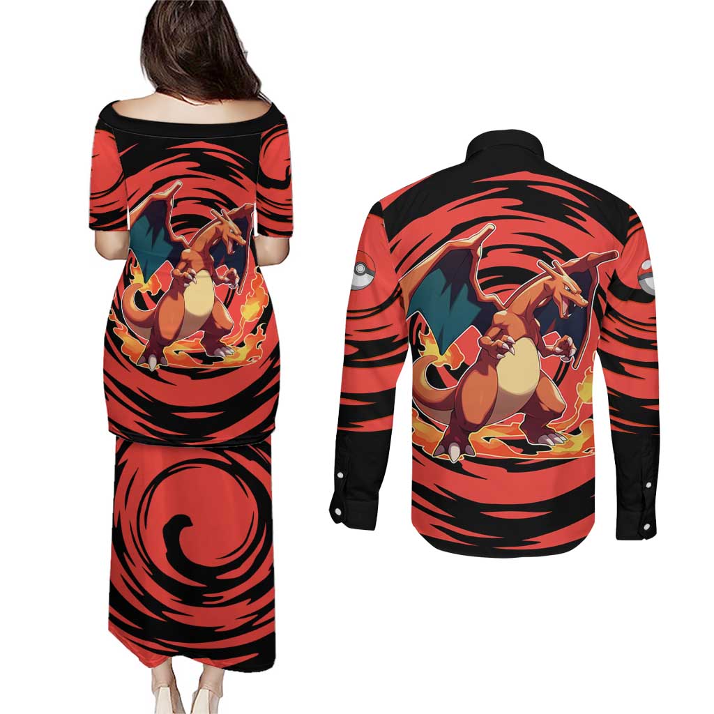 Charizard Pokémon Red and Black Swirl Design Couples Matching Puletasi and Long Sleeve Button Shirt with Flames, Pokéball Accents, and Dynamic Fire-Breathing Pose - The Mazicc