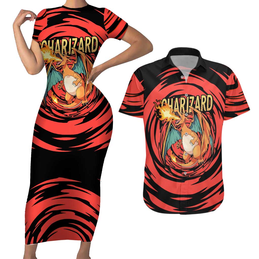 Charizard Pokémon Red and Black Swirl Design Couples Matching Short Sleeve Bodycon Dress and Hawaiian Shirt with Flames, Pokéball Accents, and Dynamic Fire-Breathing Pose - The Mazicc