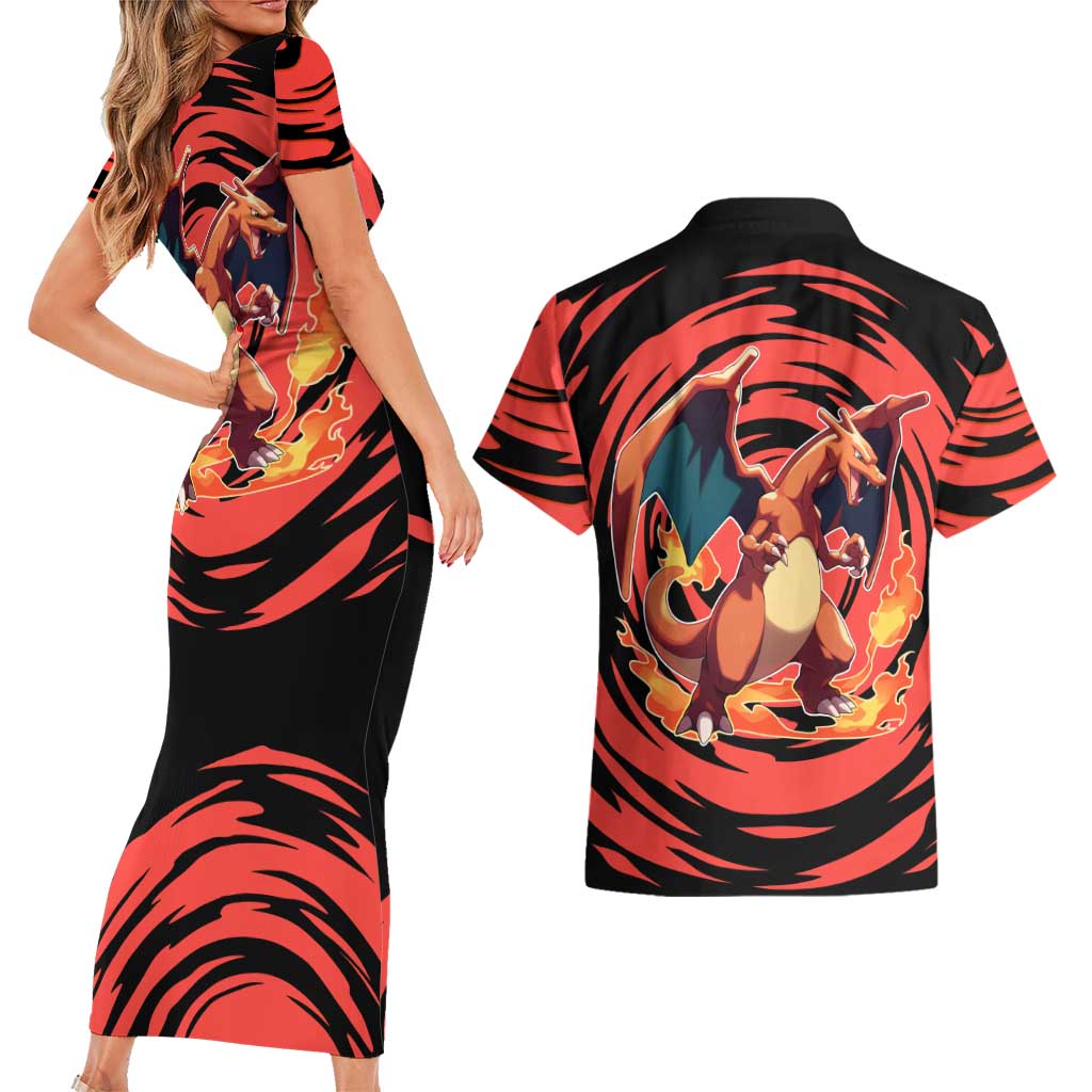 Charizard Pokémon Red and Black Swirl Design Couples Matching Short Sleeve Bodycon Dress and Hawaiian Shirt with Flames, Pokéball Accents, and Dynamic Fire-Breathing Pose - The Mazicc