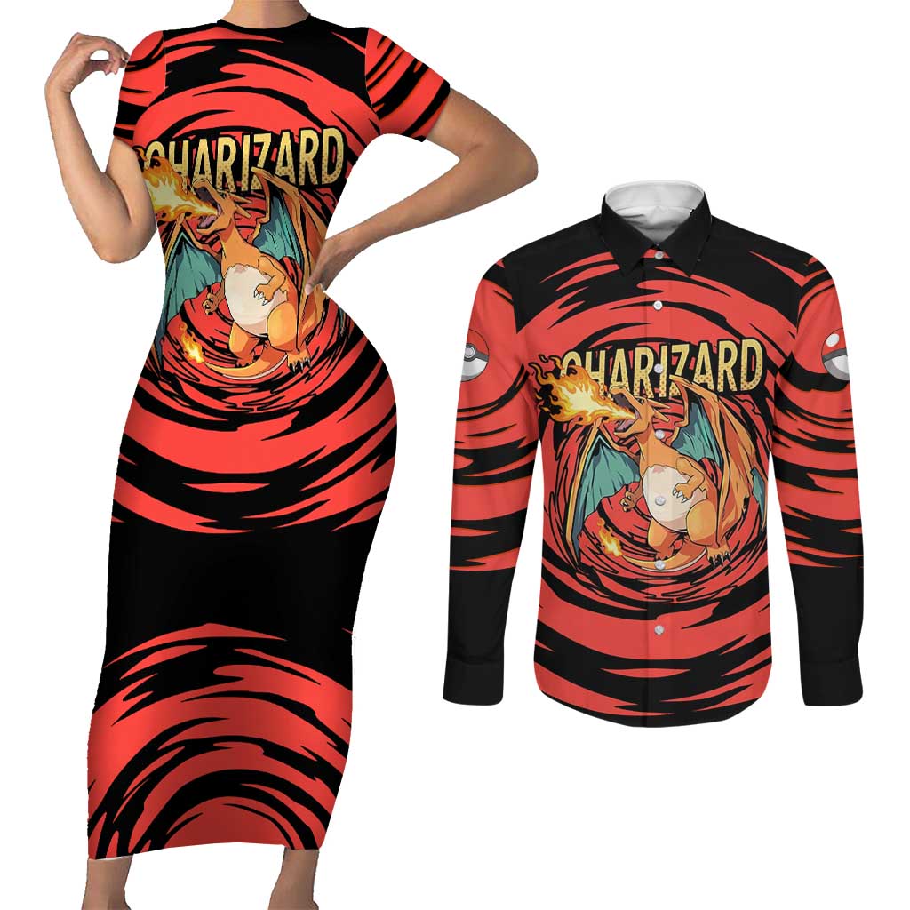 Charizard Pokémon Red and Black Swirl Design Couples Matching Short Sleeve Bodycon Dress and Long Sleeve Button Shirt with Flames, Pokéball Accents, and Dynamic Fire-Breathing Pose - The Mazicc