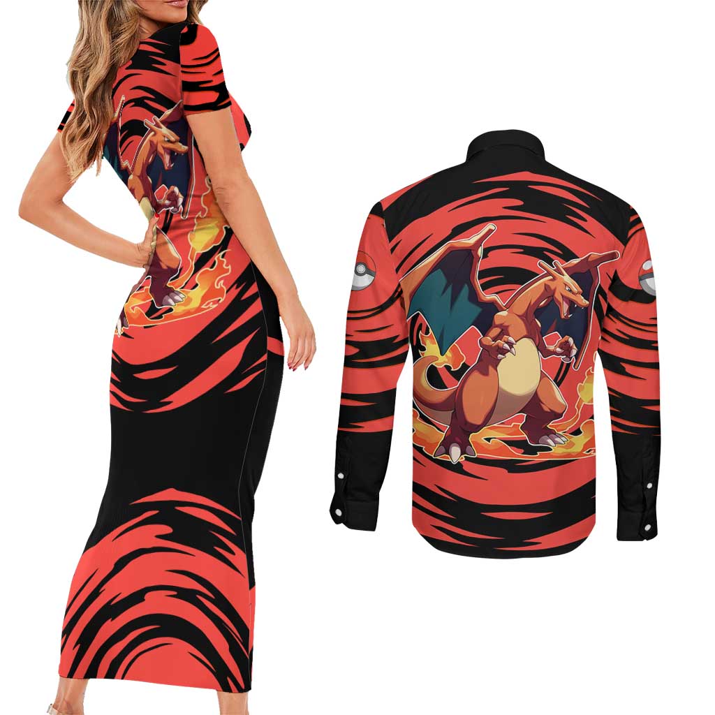 Charizard Pokémon Red and Black Swirl Design Couples Matching Short Sleeve Bodycon Dress and Long Sleeve Button Shirt with Flames, Pokéball Accents, and Dynamic Fire-Breathing Pose - The Mazicc