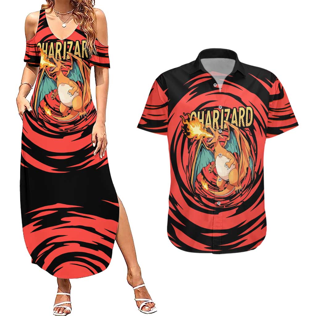 Charizard Pokémon Red and Black Swirl Design Couples Matching Summer Maxi Dress and Hawaiian Shirt with Flames, Pokéball Accents, and Dynamic Fire-Breathing Pose - The Mazicc