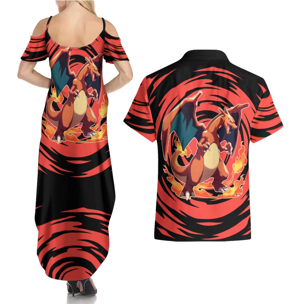 Charizard Pokémon Red and Black Swirl Design Couples Matching Summer Maxi Dress and Hawaiian Shirt with Flames, Pokéball Accents, and Dynamic Fire-Breathing Pose - The Mazicc