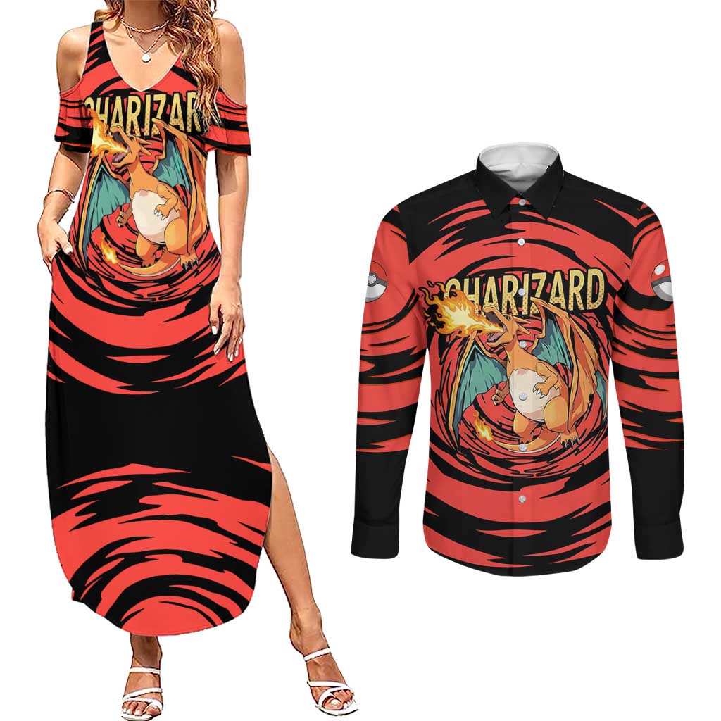 Charizard Pokémon Red and Black Swirl Design Couples Matching Summer Maxi Dress and Long Sleeve Button Shirt with Flames, Pokéball Accents, and Dynamic Fire-Breathing Pose - The Mazicc
