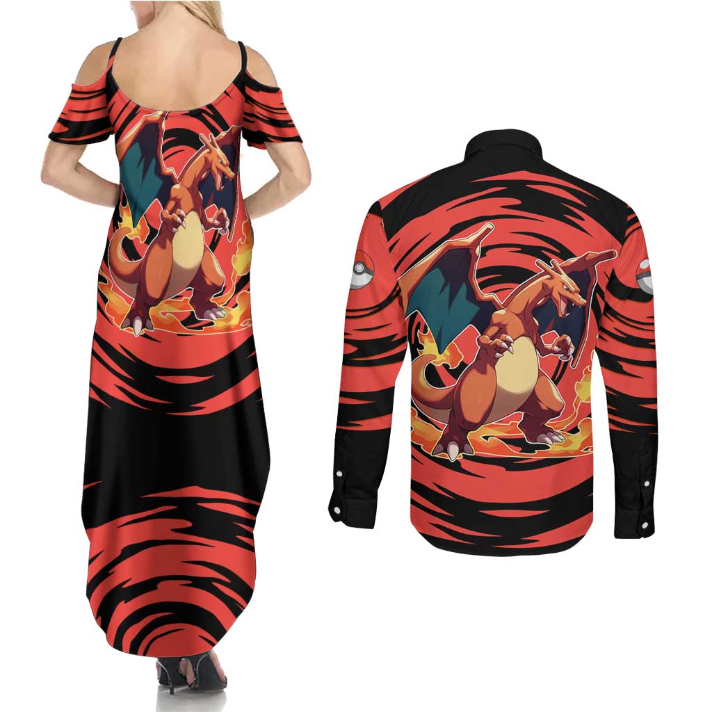Charizard Pokémon Red and Black Swirl Design Couples Matching Summer Maxi Dress and Long Sleeve Button Shirt with Flames, Pokéball Accents, and Dynamic Fire-Breathing Pose - The Mazicc