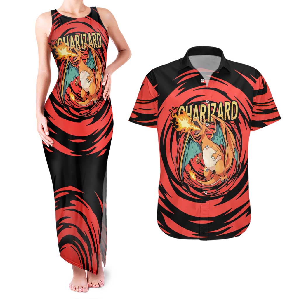 Charizard Pokémon Red and Black Swirl Design Couples Matching Tank Maxi Dress and Hawaiian Shirt with Flames, Pokéball Accents, and Dynamic Fire-Breathing Pose - The Mazicc