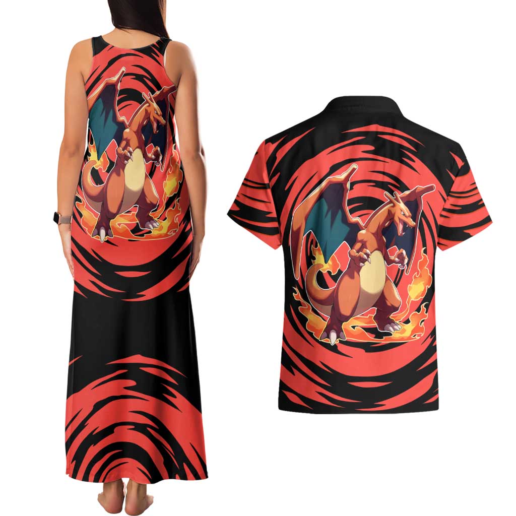 Charizard Pokémon Red and Black Swirl Design Couples Matching Tank Maxi Dress and Hawaiian Shirt with Flames, Pokéball Accents, and Dynamic Fire-Breathing Pose - The Mazicc