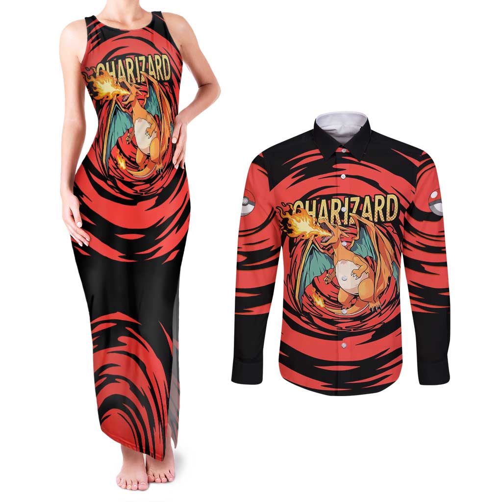 Charizard Pokémon Red and Black Swirl Design Couples Matching Tank Maxi Dress and Long Sleeve Button Shirt with Flames, Pokéball Accents, and Dynamic Fire-Breathing Pose - The Mazicc