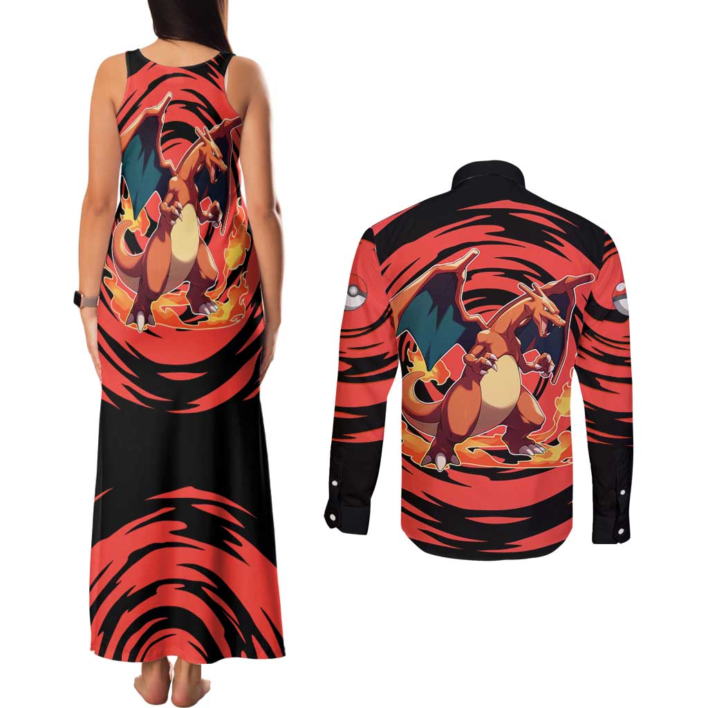 Charizard Pokémon Red and Black Swirl Design Couples Matching Tank Maxi Dress and Long Sleeve Button Shirt with Flames, Pokéball Accents, and Dynamic Fire-Breathing Pose - The Mazicc