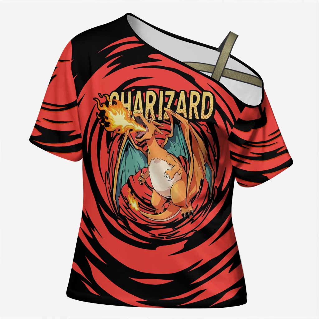 Charizard Pokémon Red and Black Swirl Design Cross Shoulder Shirt with Flames, Pokéball Accents, and Dynamic Fire-Breathing Pose - The Mazicc