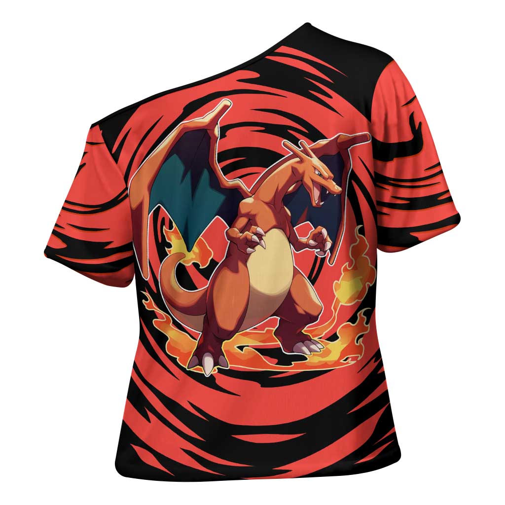 Charizard Pokémon Red and Black Swirl Design Cross Shoulder Shirt with Flames, Pokéball Accents, and Dynamic Fire-Breathing Pose - The Mazicc