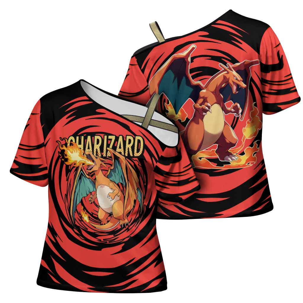 Charizard Pokémon Red and Black Swirl Design Cross Shoulder Shirt with Flames, Pokéball Accents, and Dynamic Fire-Breathing Pose - The Mazicc