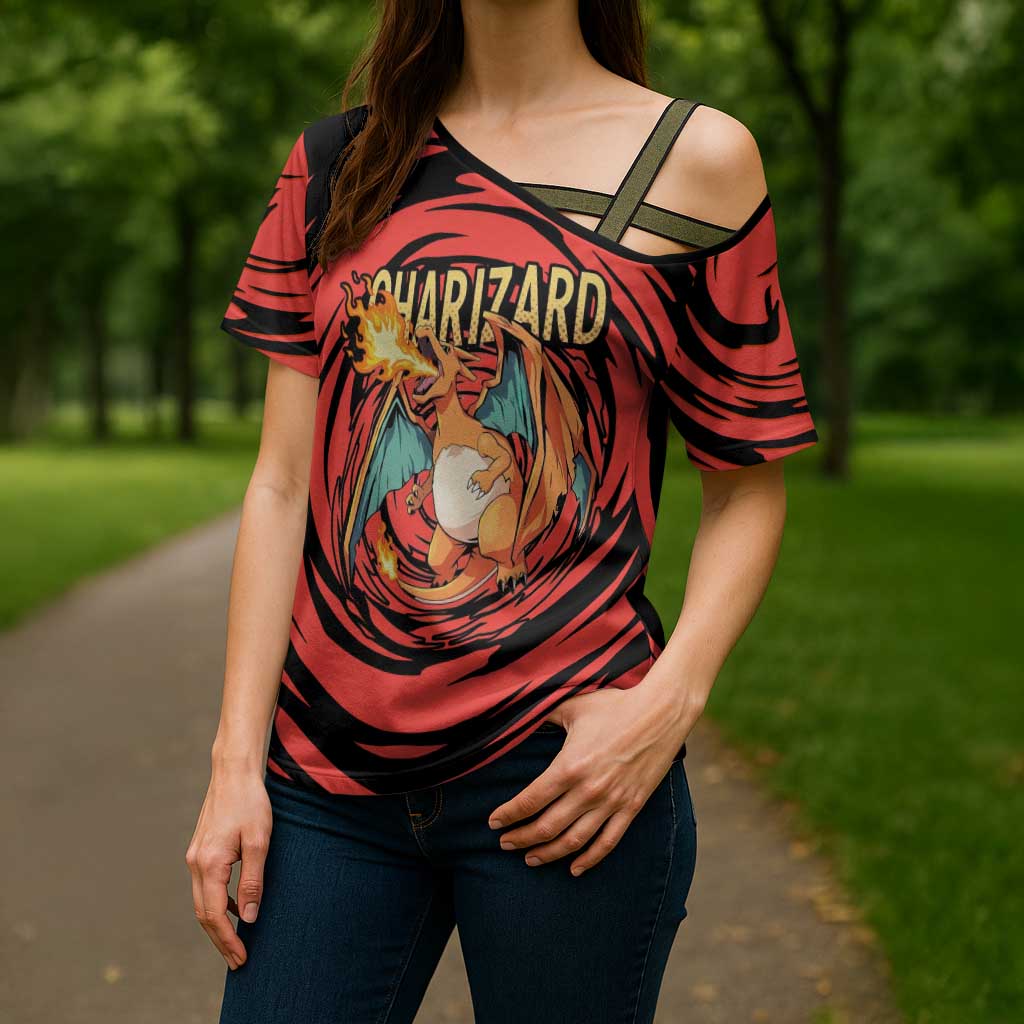 Charizard Pokémon Red and Black Swirl Design Cross Shoulder Shirt with Flames, Pokéball Accents, and Dynamic Fire-Breathing Pose - The Mazicc