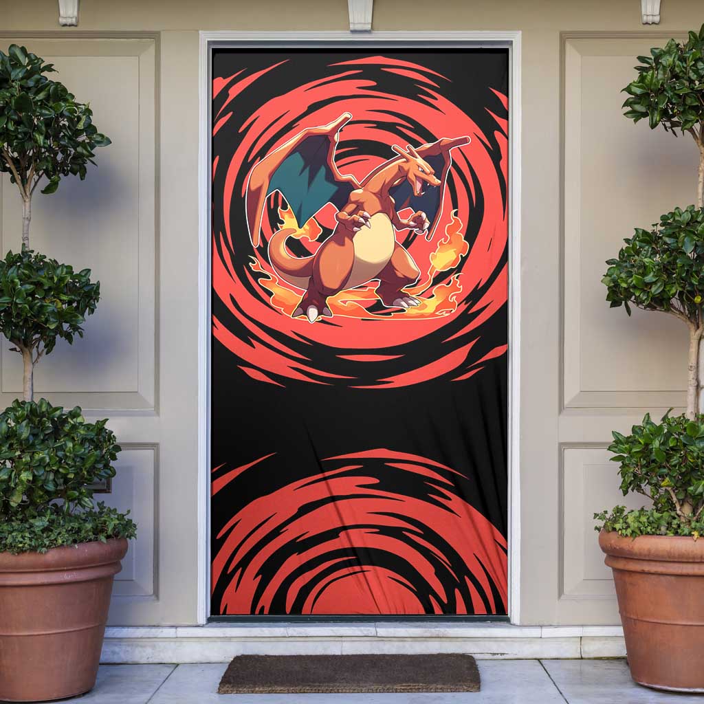 Charizard Pokémon Red and Black Swirl Design Door Cover with Flames, Pokéball Accents, and Dynamic Fire-Breathing Pose - The Mazicc