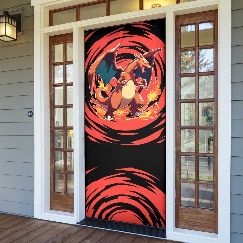 Charizard Pokémon Red and Black Swirl Design Door Cover with Flames, Pokéball Accents, and Dynamic Fire-Breathing Pose - The Mazicc