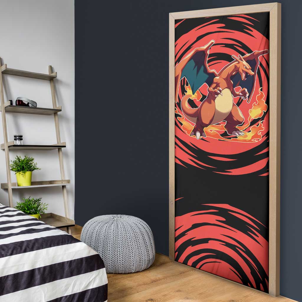 Charizard Pokémon Red and Black Swirl Design Door Cover with Flames, Pokéball Accents, and Dynamic Fire-Breathing Pose - The Mazicc