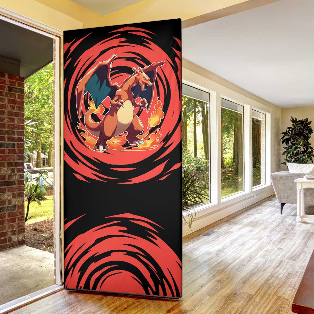 Charizard Pokémon Red and Black Swirl Design Door Cover with Flames, Pokéball Accents, and Dynamic Fire-Breathing Pose - The Mazicc