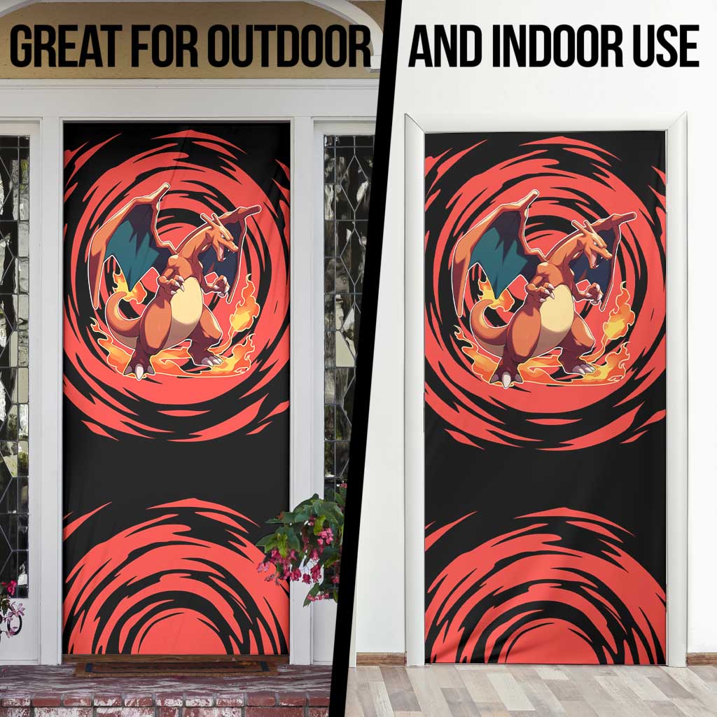 Charizard Pokémon Red and Black Swirl Design Door Cover with Flames, Pokéball Accents, and Dynamic Fire-Breathing Pose - The Mazicc