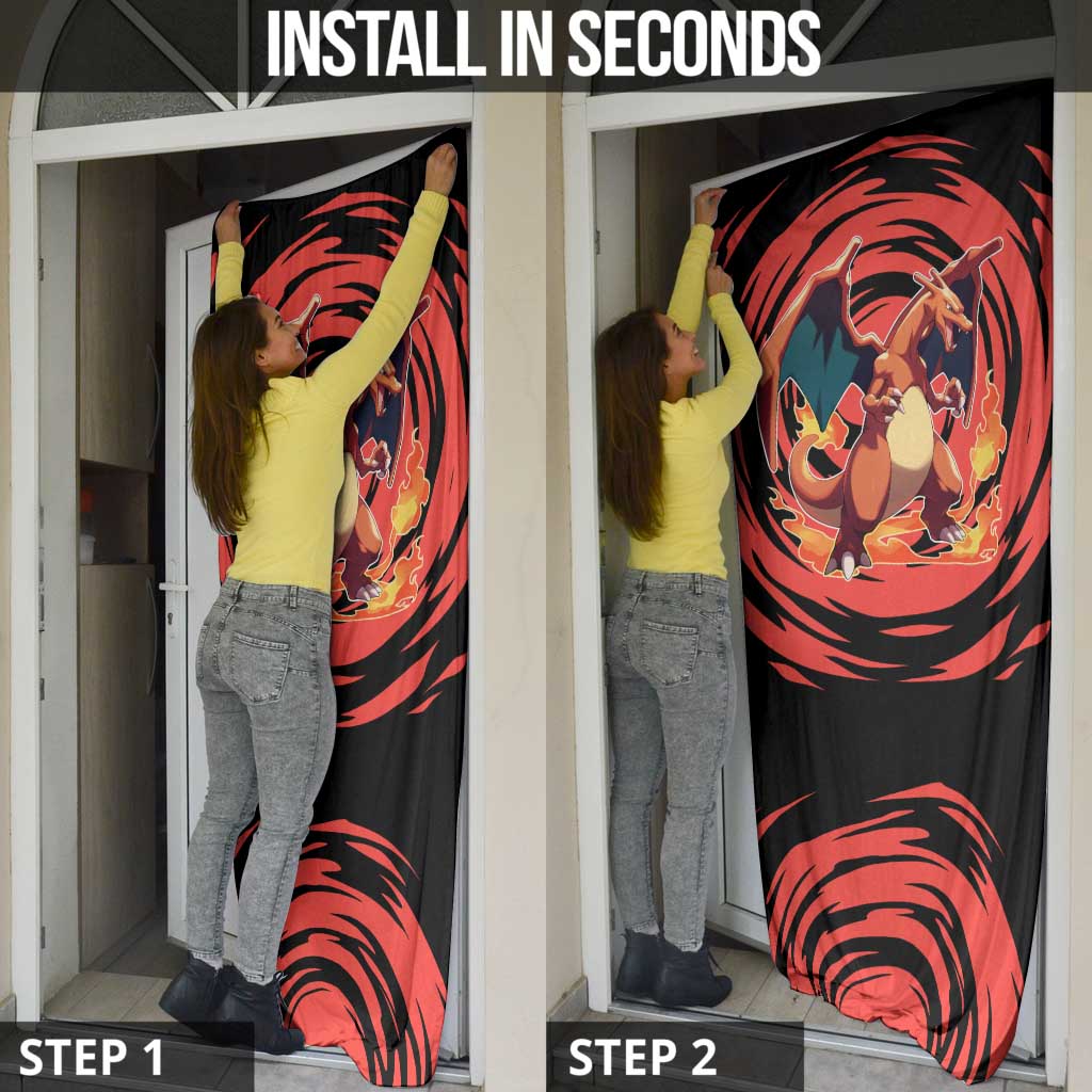 Charizard Pokémon Red and Black Swirl Design Door Cover with Flames, Pokéball Accents, and Dynamic Fire-Breathing Pose - The Mazicc