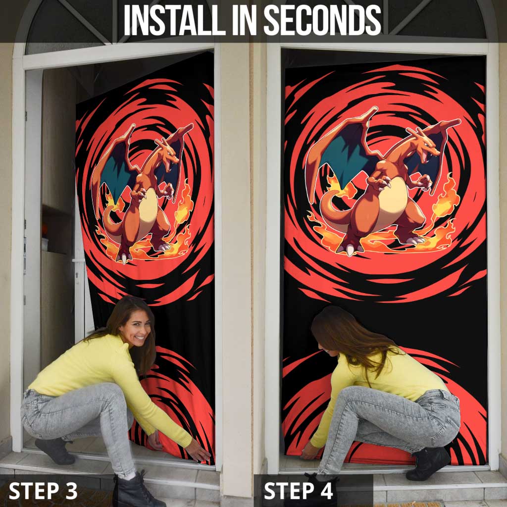 Charizard Pokémon Red and Black Swirl Design Door Cover with Flames, Pokéball Accents, and Dynamic Fire-Breathing Pose - The Mazicc
