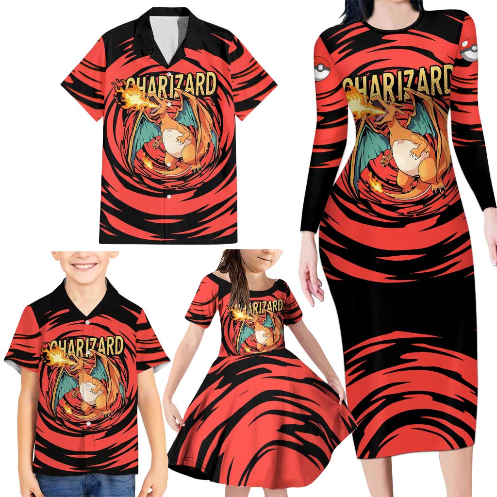 Charizard Pokémon Red and Black Swirl Design Family Matching Long Sleeve Bodycon Dress and Hawaiian Shirt with Flames, Pokéball Accents, and Dynamic Fire-Breathing Pose