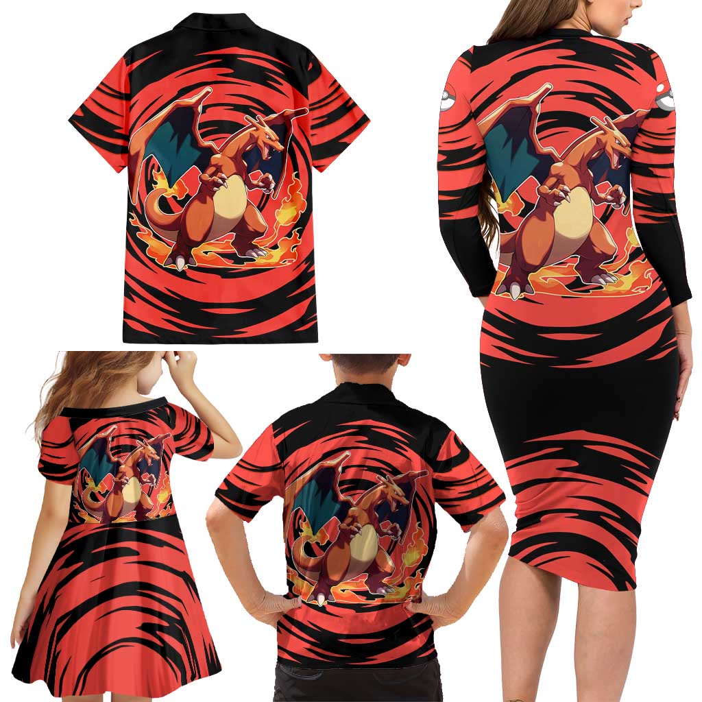 Charizard Pokémon Red and Black Swirl Design Family Matching Long Sleeve Bodycon Dress and Hawaiian Shirt with Flames, Pokéball Accents, and Dynamic Fire-Breathing Pose