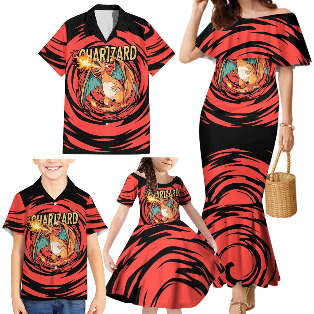 Charizard Pokémon Red and Black Swirl Design Family Matching Mermaid Dress and Hawaiian Shirt with Flames, Pokéball Accents, and Dynamic Fire-Breathing Pose