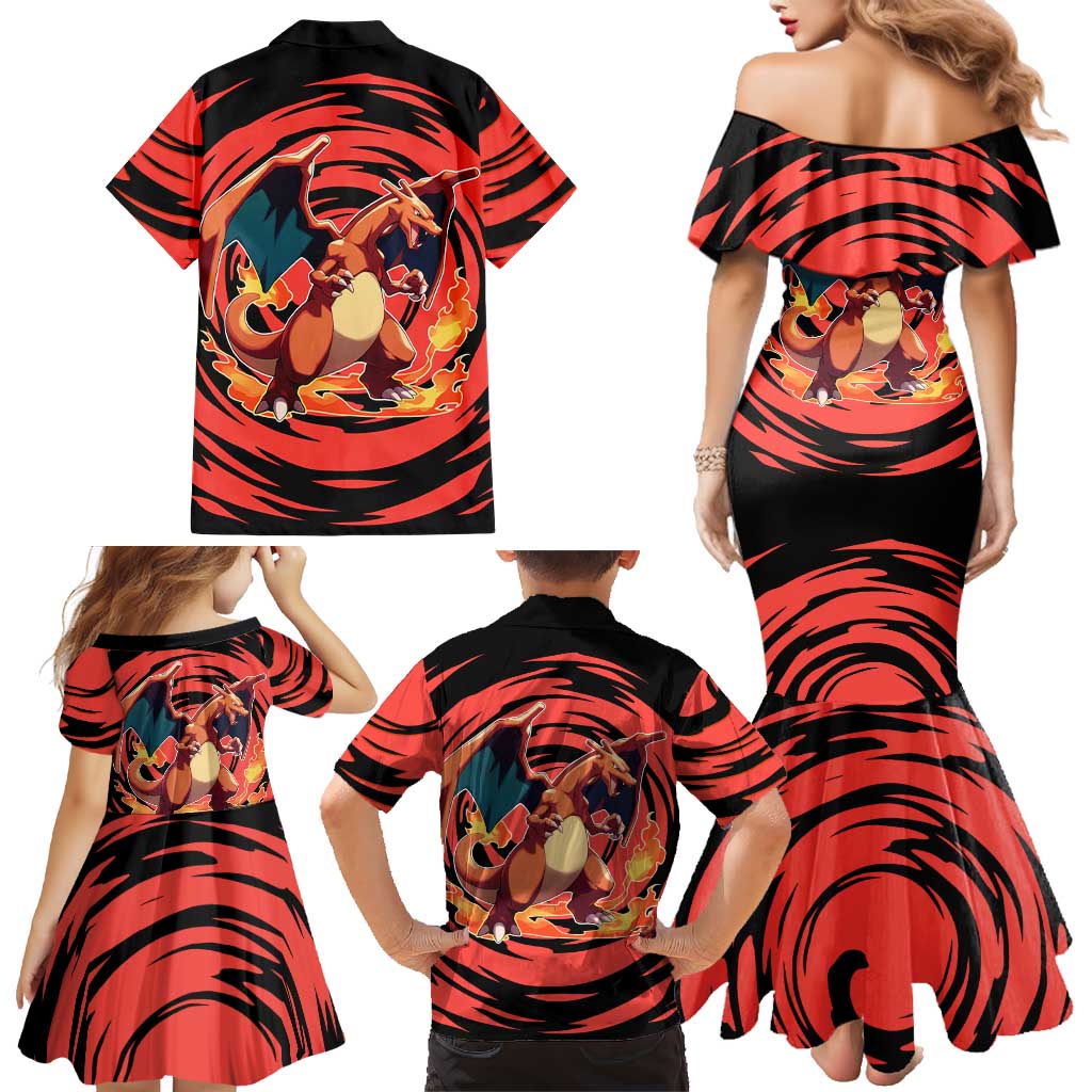 Charizard Pokémon Red and Black Swirl Design Family Matching Mermaid Dress and Hawaiian Shirt with Flames, Pokéball Accents, and Dynamic Fire-Breathing Pose