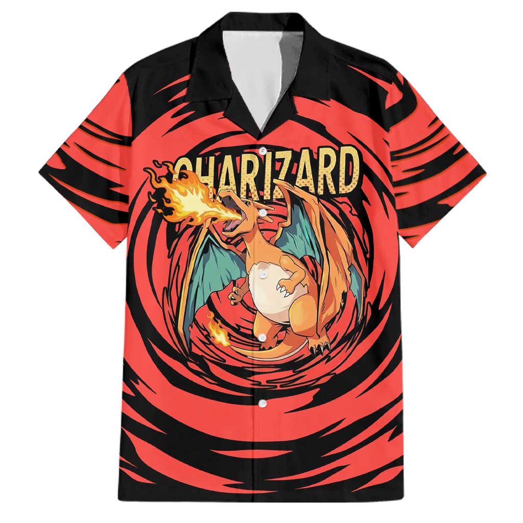 Charizard Pokémon Red and Black Swirl Design Family Matching Mermaid Dress and Hawaiian Shirt with Flames, Pokéball Accents, and Dynamic Fire-Breathing Pose