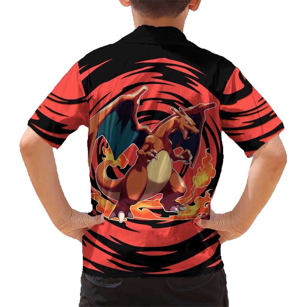 Charizard Pokémon Red and Black Swirl Design Family Matching Off The Shoulder Long Sleeve Dress and Hawaiian Shirt with Flames, Pokéball Accents, and Dynamic Fire-Breathing Pose