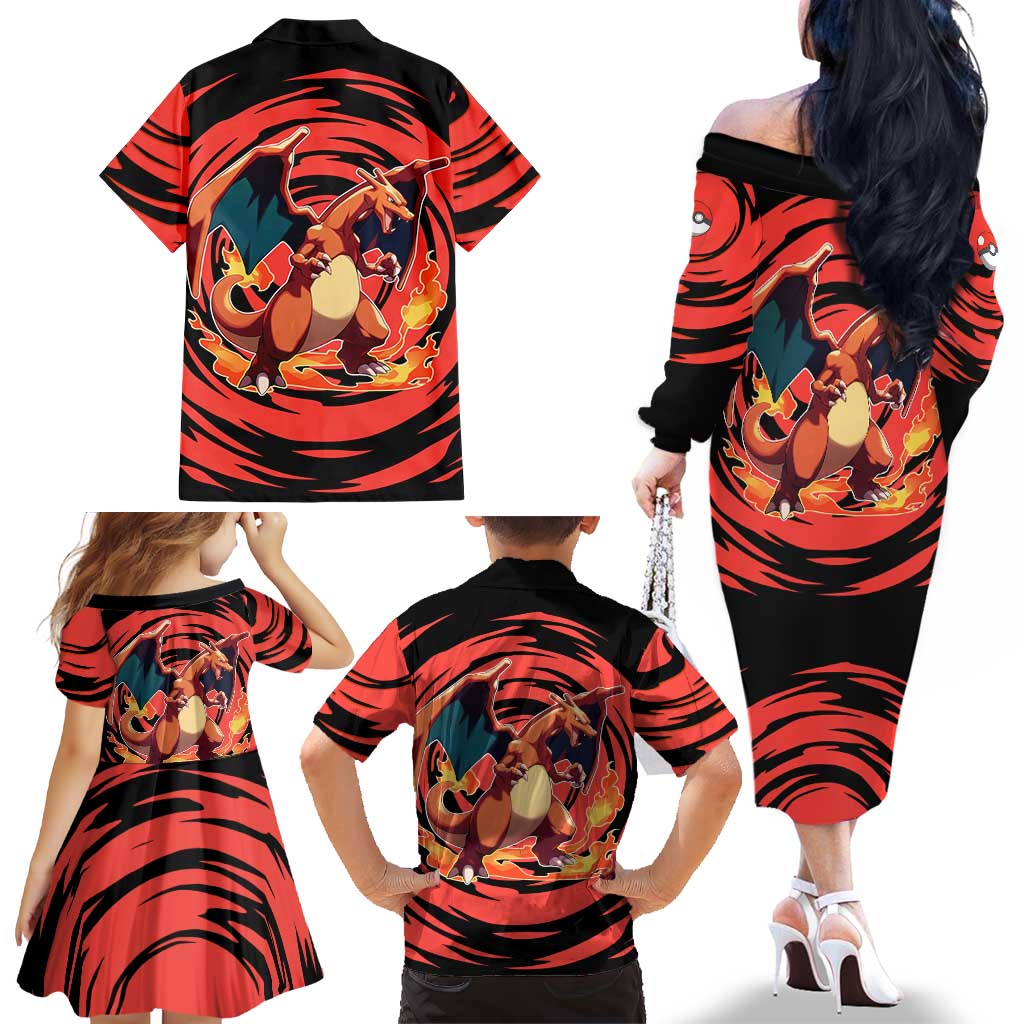 Charizard Pokémon Red and Black Swirl Design Family Matching Off The Shoulder Long Sleeve Dress and Hawaiian Shirt with Flames, Pokéball Accents, and Dynamic Fire-Breathing Pose